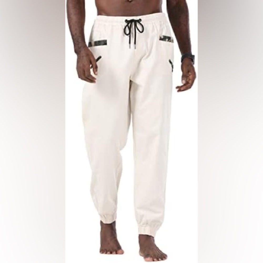 Mens Fashion Cotton Athletic Beige & Camo Detail Jogger Pants